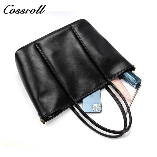 Women's Waxed Cowhide Large Capacity Tote Bag, Vintage Commuter Handbag, Shoulder & Crossbody Bag with Detachable Strap