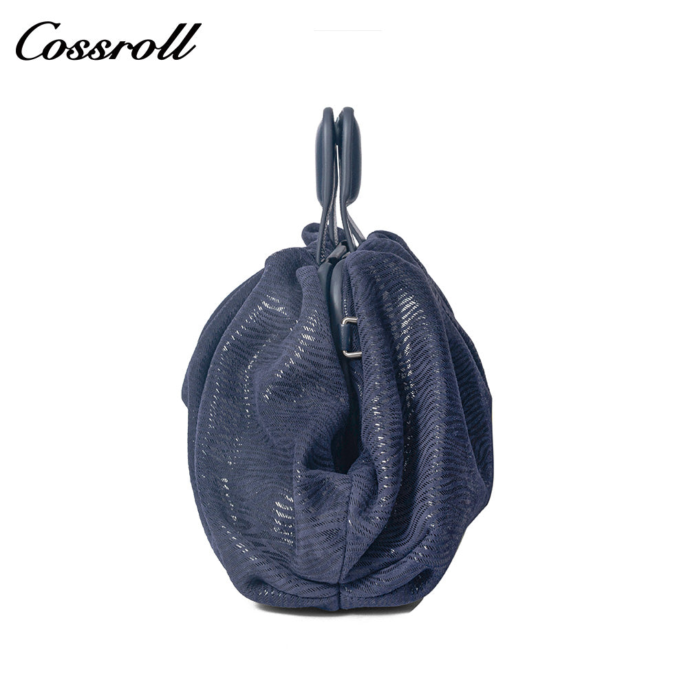 Women's Navy Wavy Textured Ruched Cloud Bag, Square Leather Handle Handbag, Minimalist Versatile Handheld Purse for Daily Commute