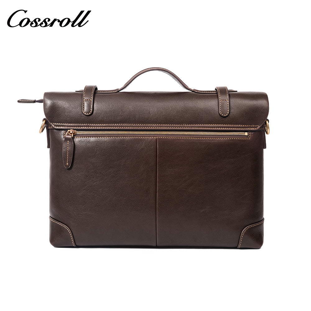 Men's Cowhide Leather Messenger Briefcase, Flap Laptop Handbag, Large Capacity Genuine Leather Shoulder & Crossbody Bag for Business & Daily Commute