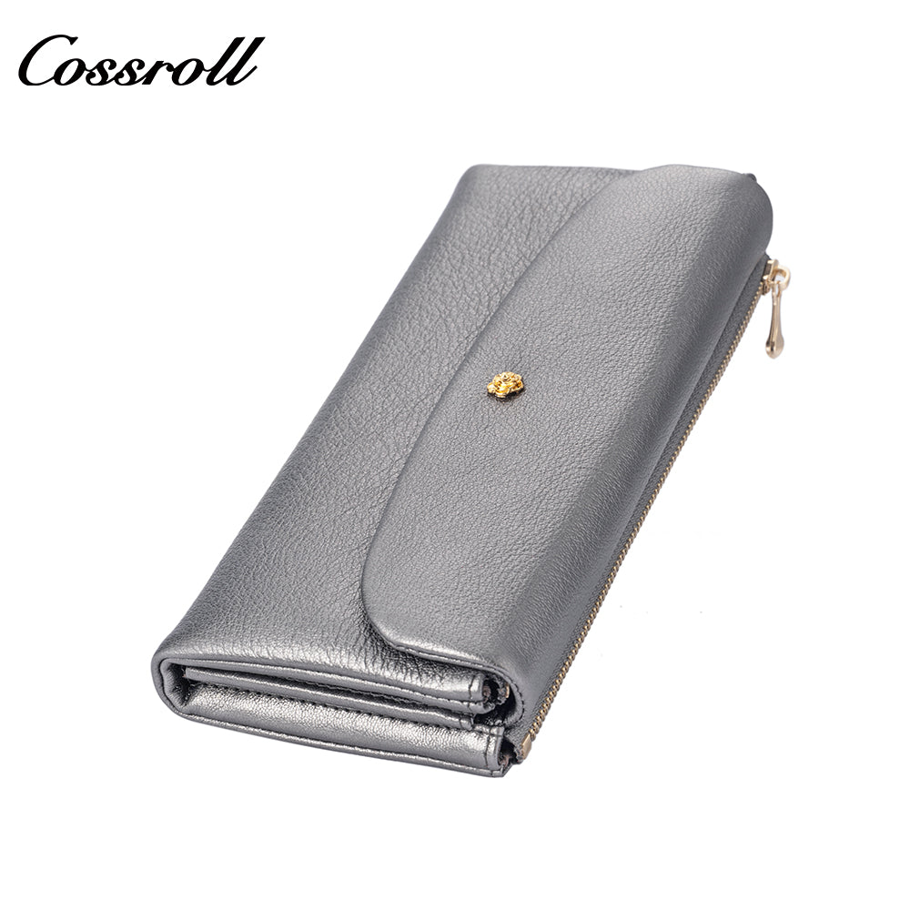 Women's cross-border genuine leather wallet with gold floral decoration, long vintage glossy design, large capacity with multiple card slots