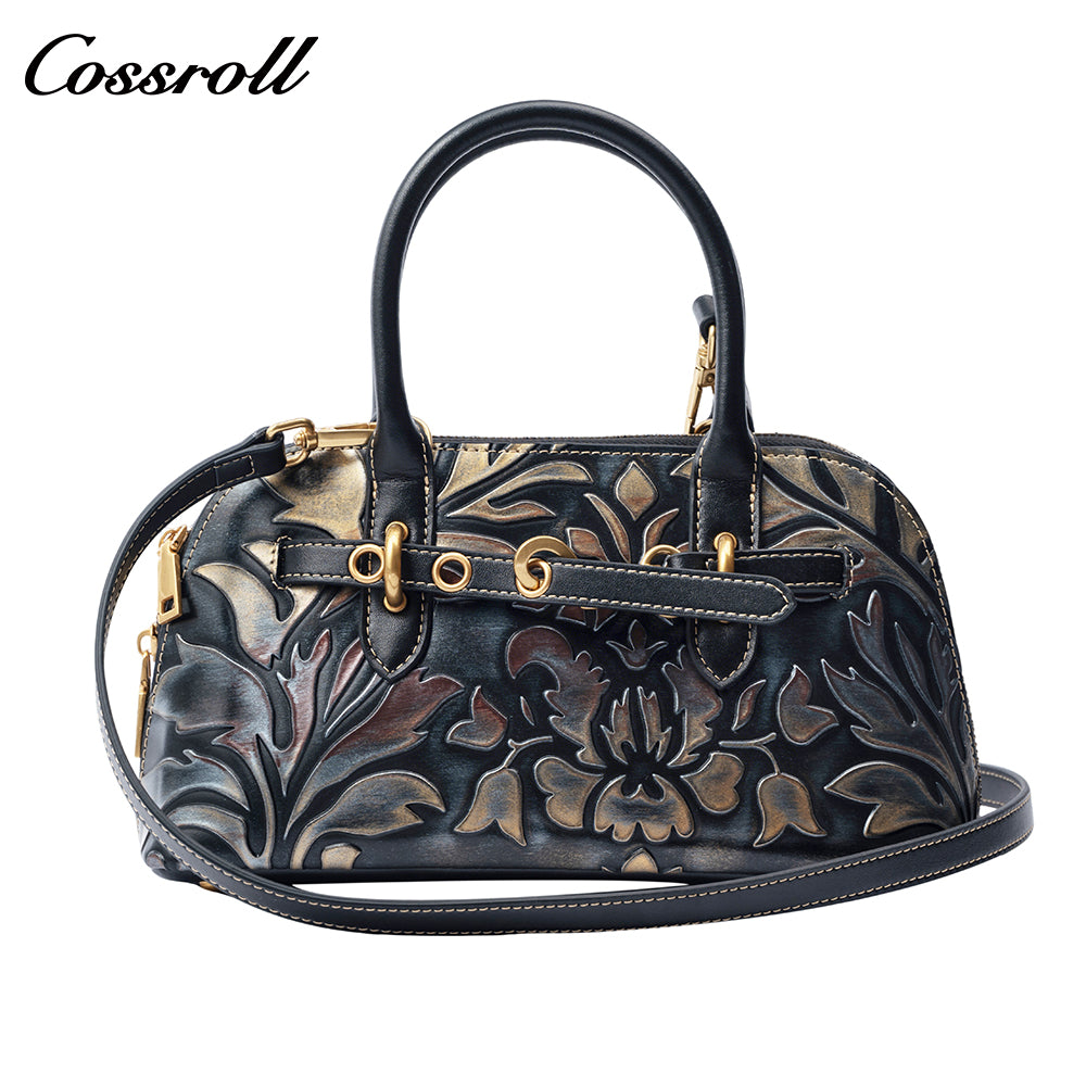 Vintage Embossed Leather Shell Bag for Women, Hand-Carved Handbag & Crossbody Purse