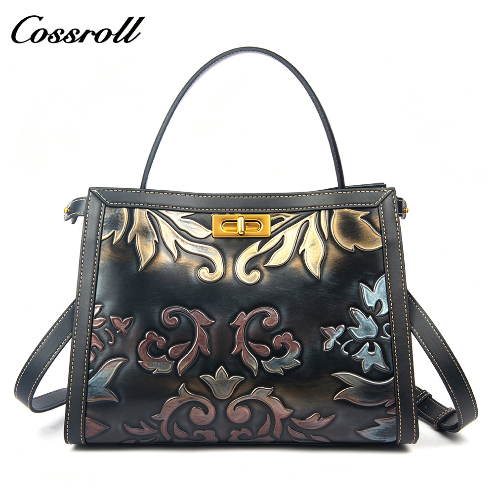 Niche Design Embossed Leather Bag, Vintage Genuine Leather Large Capacity Commuter Handbag & Crossbody Bag