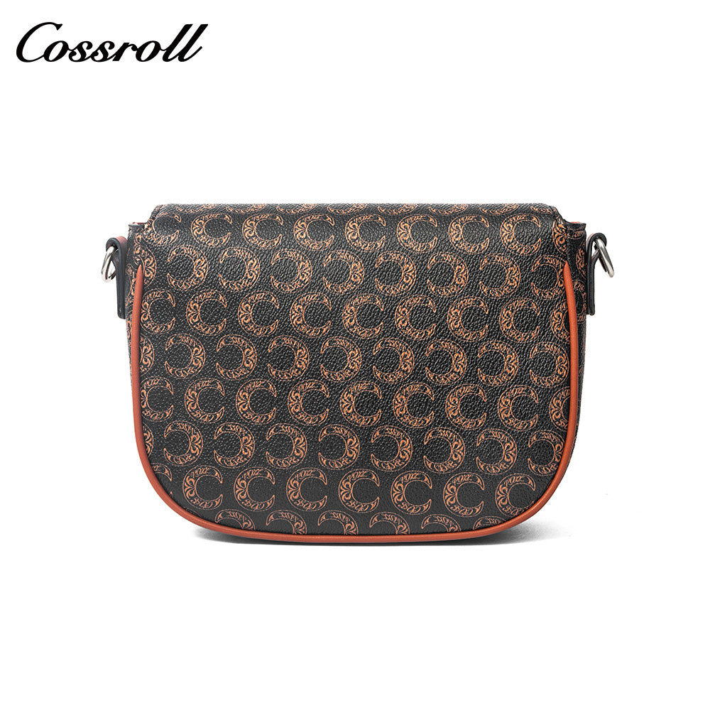 Vintage C Monogram Saddle Bag for Women, Contrast Brown Leather Buckle Flap Crossbody Shoulder Purse
