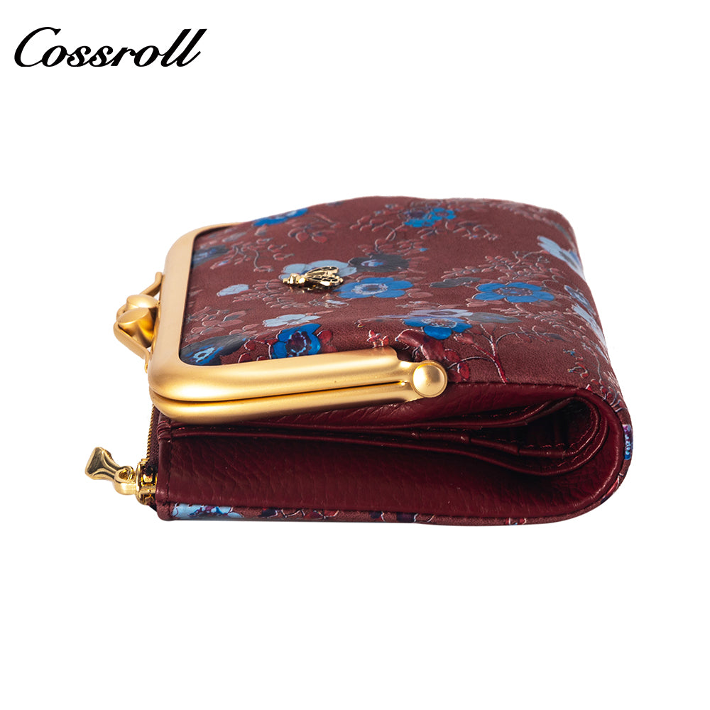 Leather women's purse Multi-functional pattern fashion short long cowhide wallet multi-card holding bag factory custom