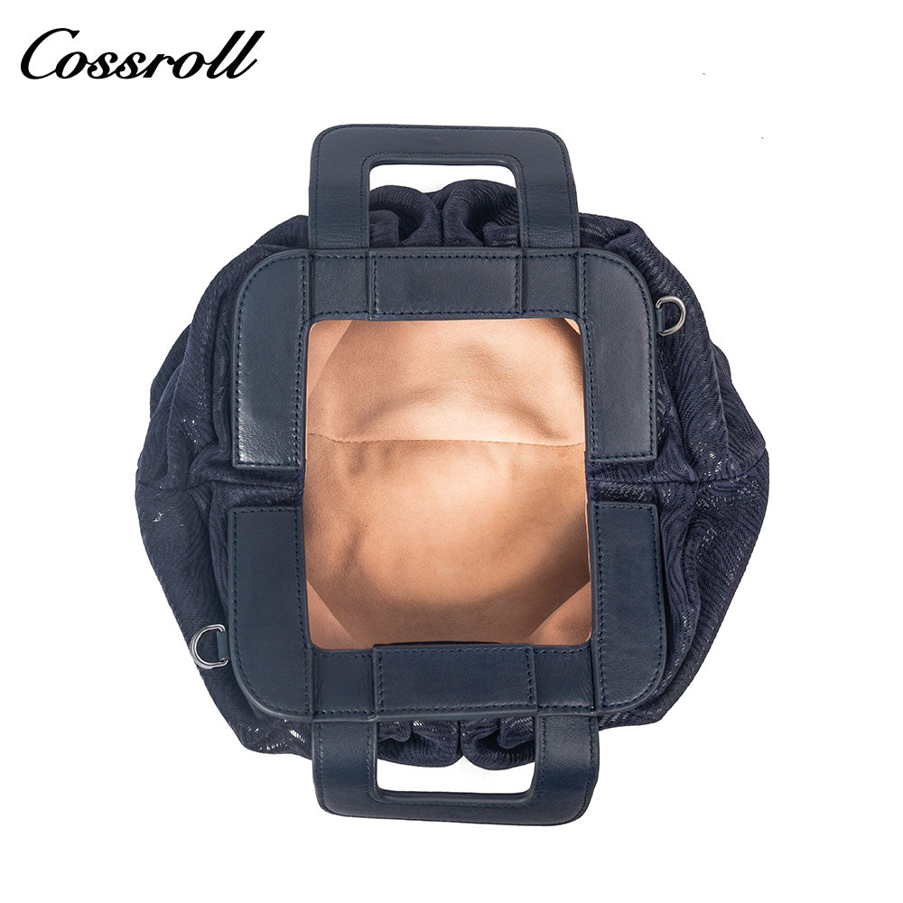 Women's Navy Wavy Textured Ruched Cloud Bag, Square Leather Handle Handbag, Minimalist Versatile Handheld Purse for Daily Commute