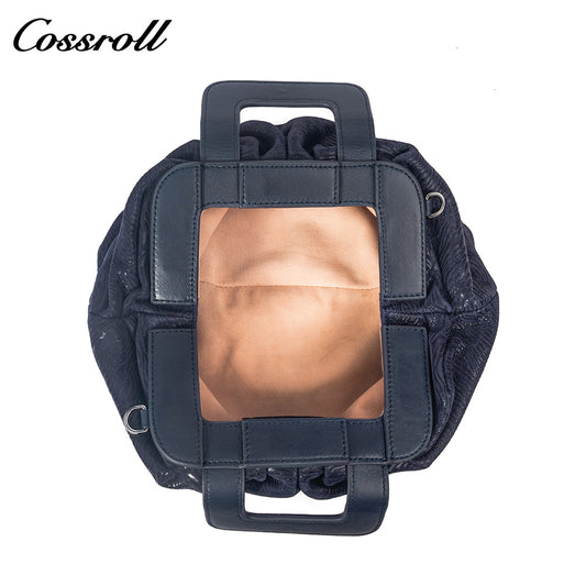 Women's Navy Wavy Textured Ruched Cloud Bag, Square Leather Handle Handbag, Minimalist Versatile Handheld Purse for Daily Commute
