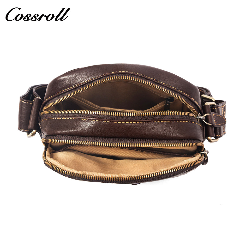 Men's Full Grain Leather Crossbody Bag, Multi-compartment Zipper Genuine Leather Shoulder Bag, Casual Everyday Carry Sling Bag