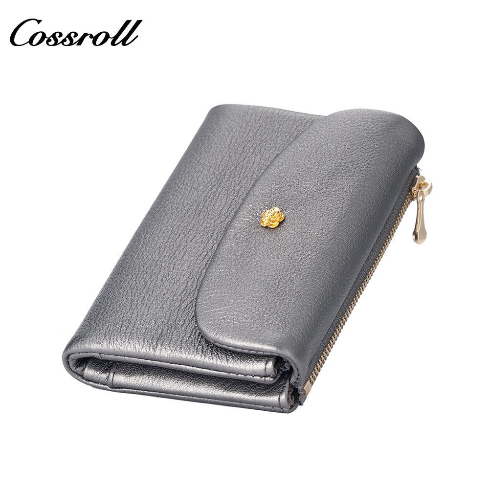 Cossroll women's cross-border genuine leather wallet, with gold floral decoration, retro glossy large capacity