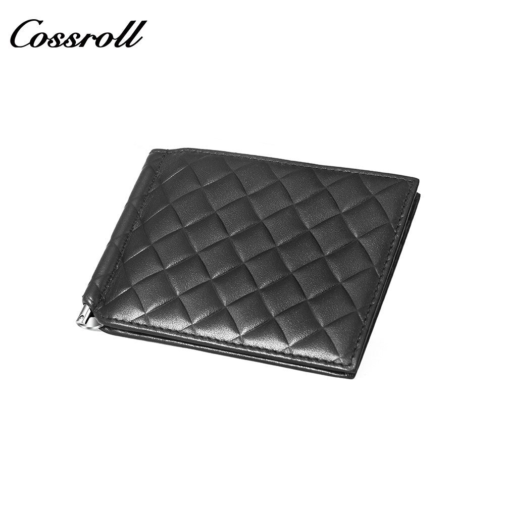 Men's Diamond Quilted Genuine Leather Money Clip Wallet, Ultra Slim Bifold Multi-Slot ID & Card Holder