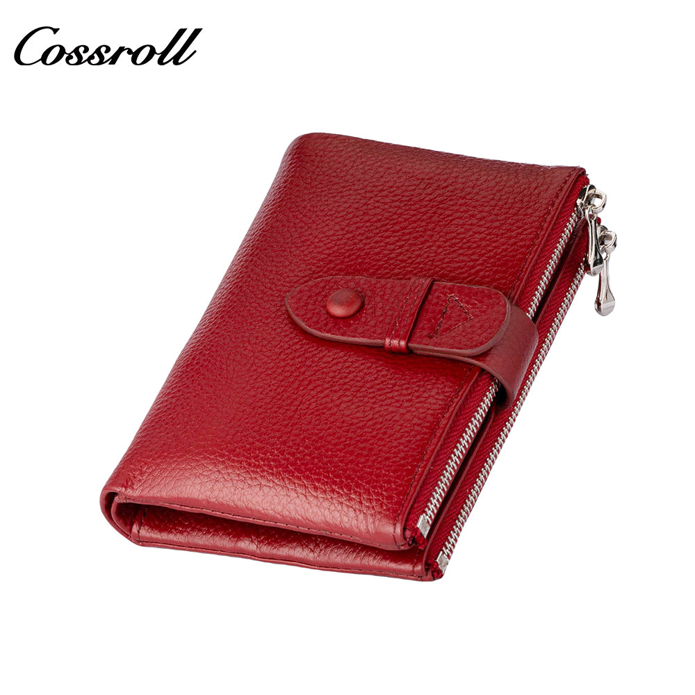 Women's leather cropped wallet, buckle wallet, versatile double-zip coin purse