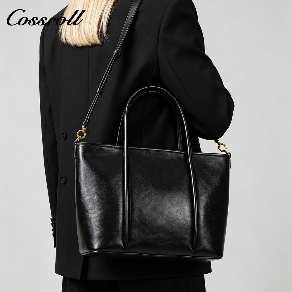 Women's Waxed Cowhide Large Capacity Tote Bag, Vintage Commuter Handbag, Shoulder & Crossbody Bag with Detachable Strap