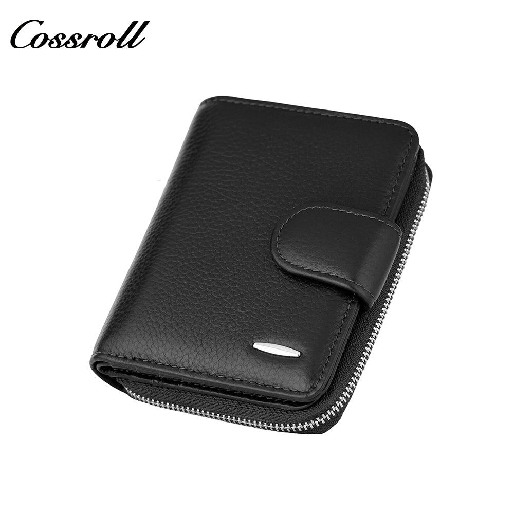 Men's Wallet Cowhide England Business Men Solid Color Photo ID Coin Zipper Short Wallet