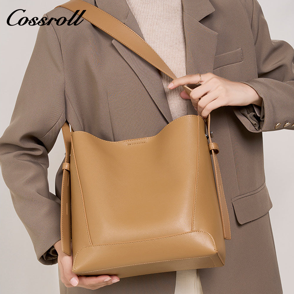Head layer cowhide bucket bag shoulder bag simple fashion pure color commuter bag