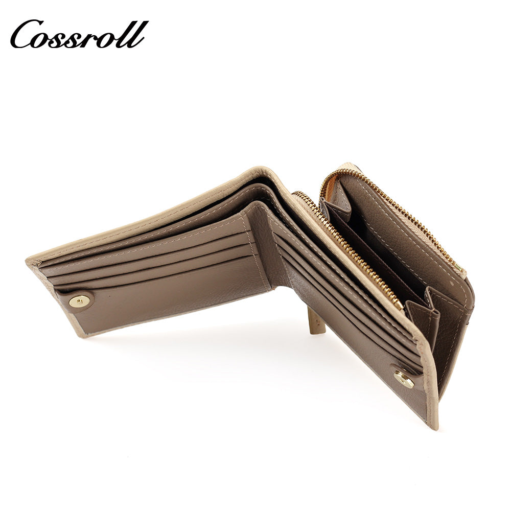 Women's Color Block Litchi Grain Cowhide Bifold Wallet, Minimalist Contrast Genuine Leather Card Holder, Small Bifold Purse with Zipper Coin Pocket