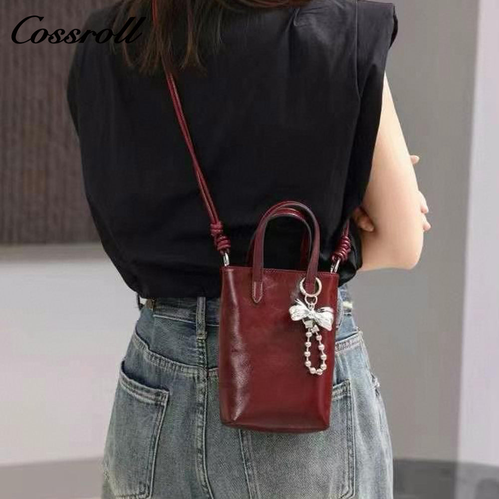 Premium sense of head layer cowhide leather cell phone bag mini exquisite cute handheld shoulder bag