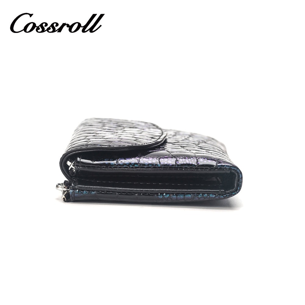 Printed leather long women's wallet with blue crocodile print