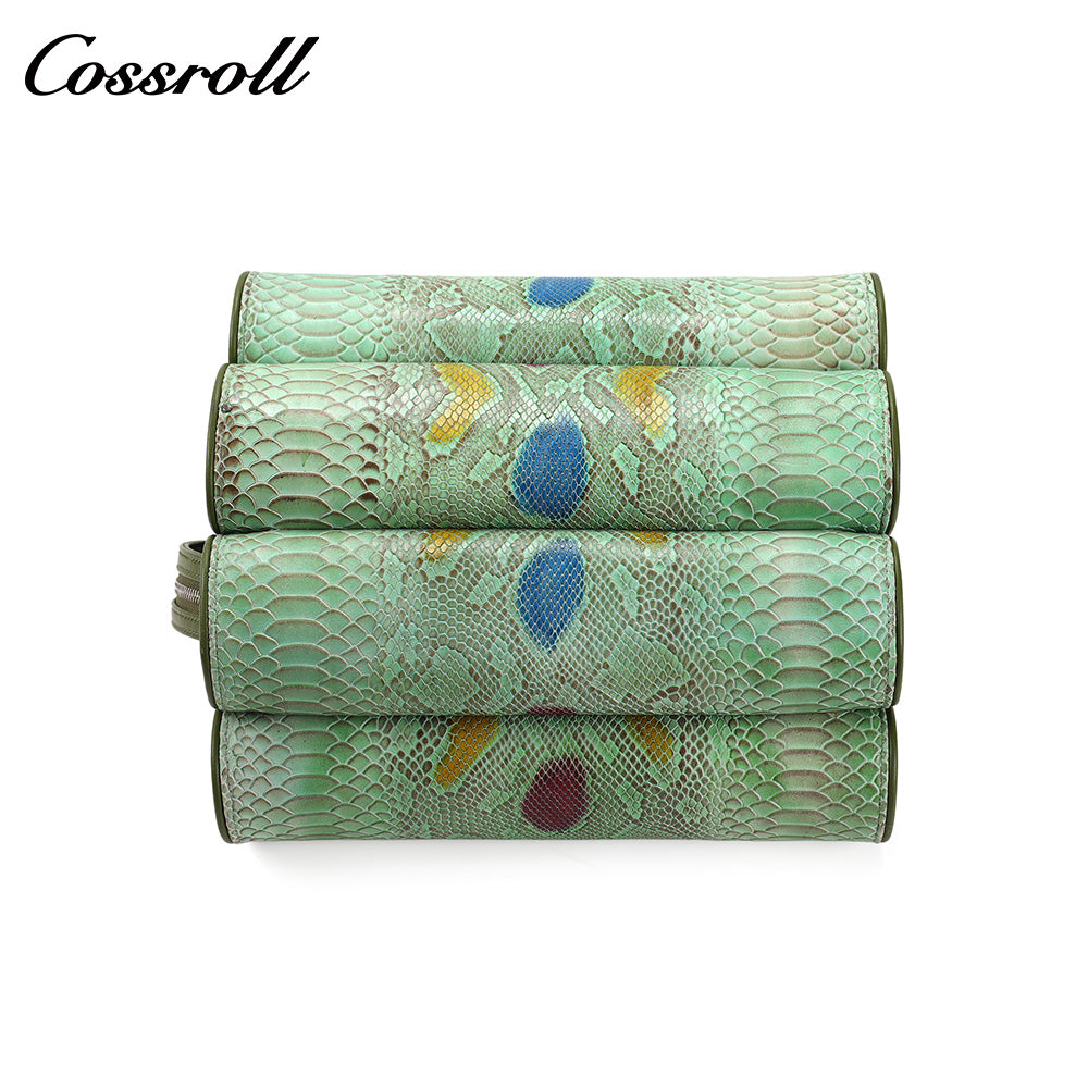 Colorful Snake Print Cowhide Multi-Layer Accordion Handbag, Multi-Functional Hand & Crossbody Shoulder Bag