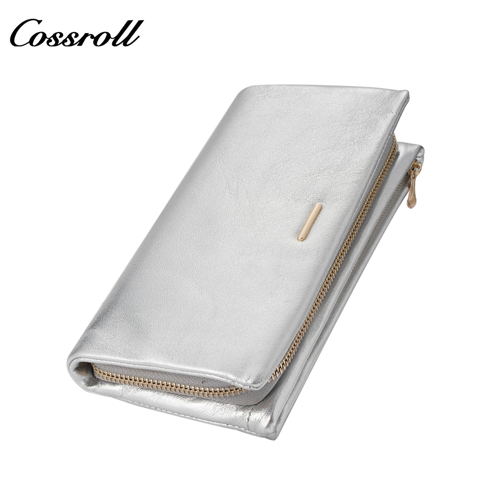 Genuine leather wallet for women, shiny leather, double-layer stylish bill wallet with zipper