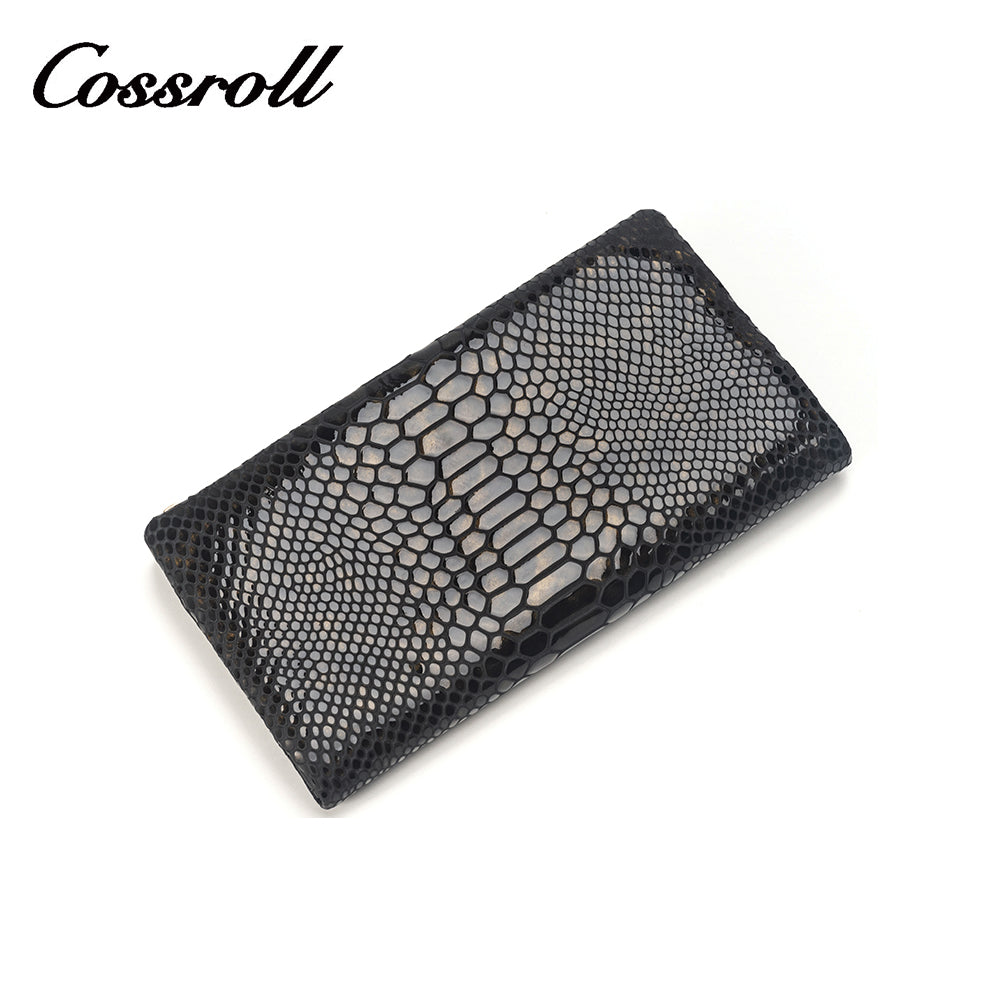 Black snakeskin print long leather wallet