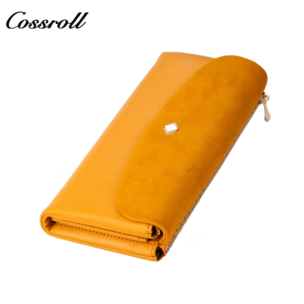 Women's long wallet with multiple card slots, zipper, double-layer bill compartment, and coin purse in suede finish