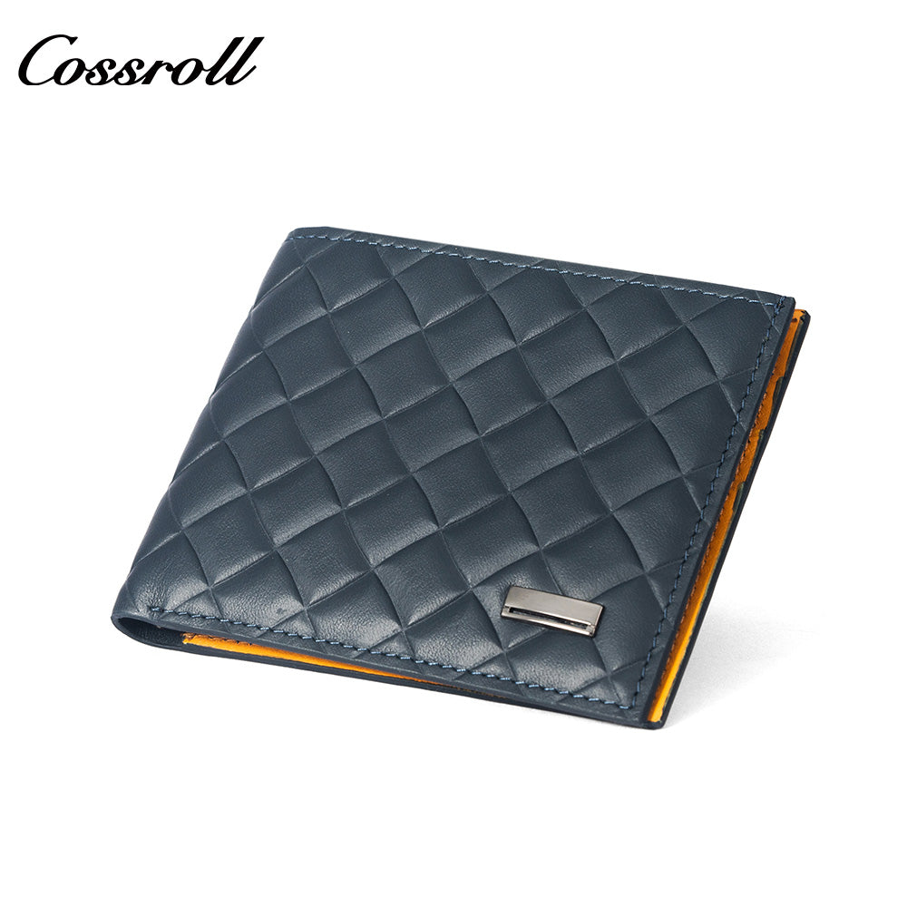 Diamond Quilted Embossed Genuine Leather Men's Wallet, Slim Business Bifold Purse with Contrast Bright Yellow Lining