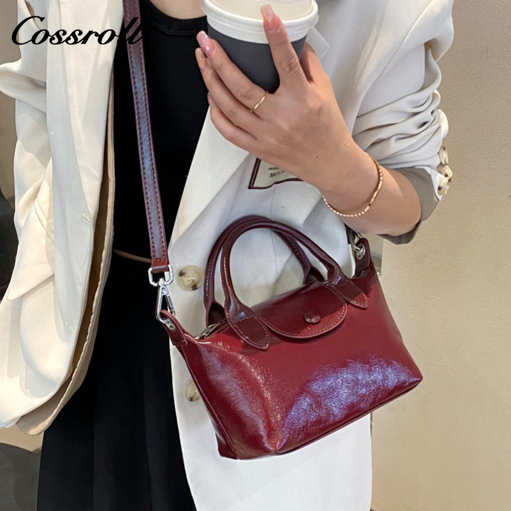 Head layer oil wax cowhide shoulder female dumpling bag ladies handheld crossbody leather bag