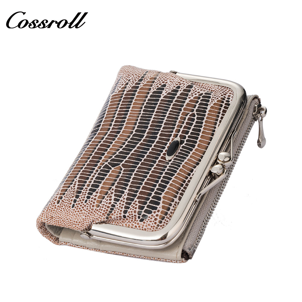 Women's short wallet, genuine leather, fashionable embossed design, clasp lizard texture coin purse