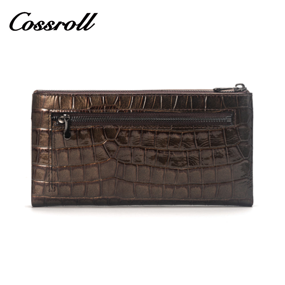 Brown crocodile print ladies long genuine leather wallet