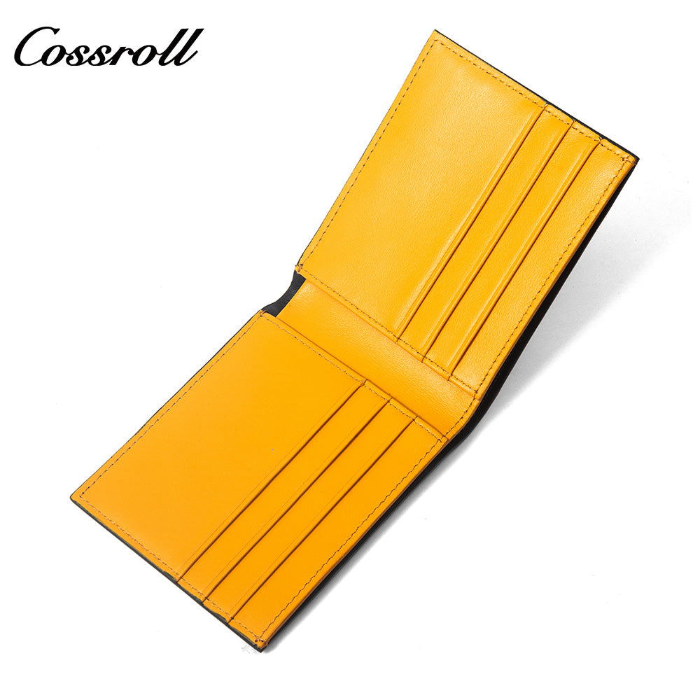 Diamond Quilted Embossed Genuine Leather Men's Wallet, Slim Business Bifold Purse with Contrast Bright Yellow Lining