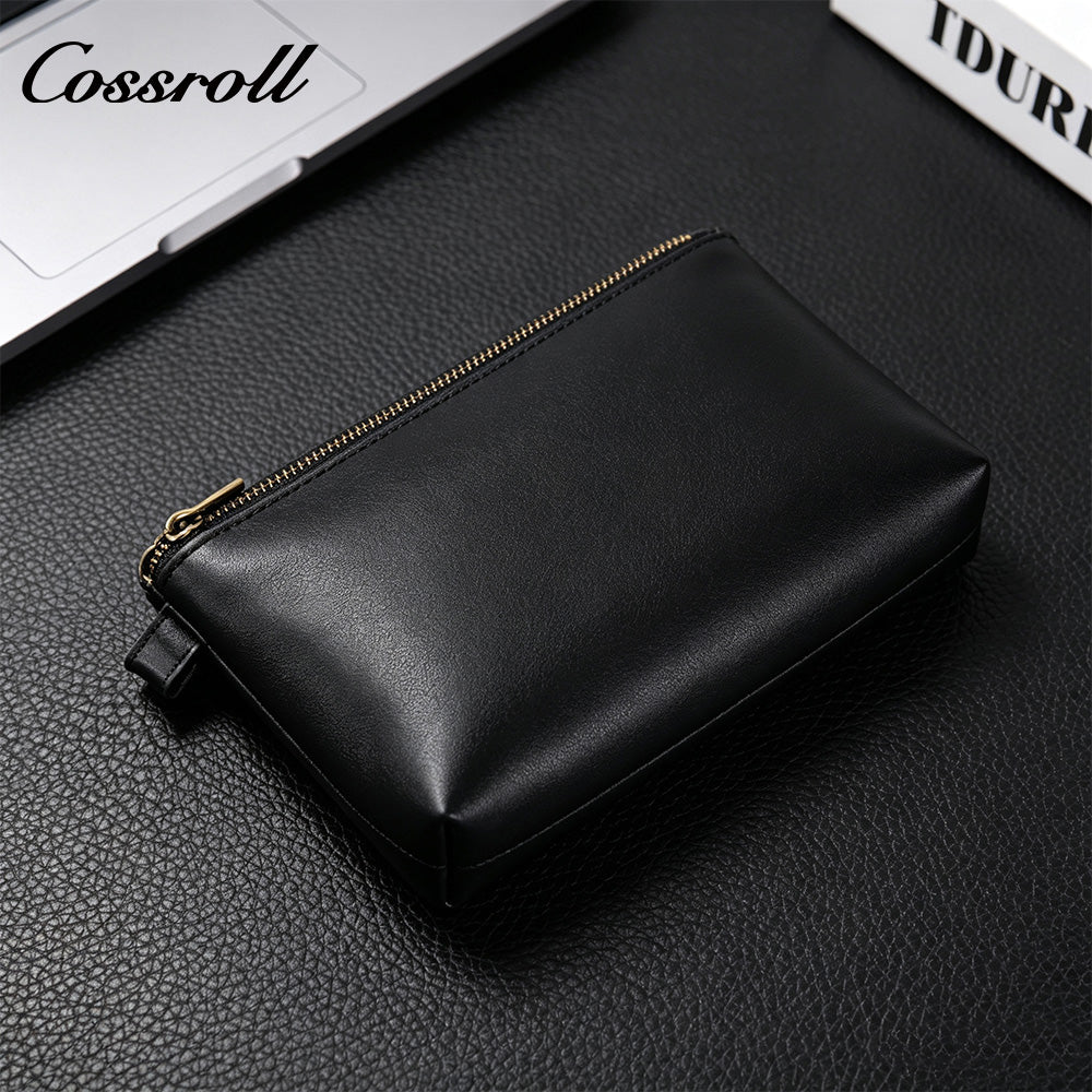 Genuine Leather Zipper Clutch, Minimalist Cowhide Pouch for Phone, Coins & Small Items