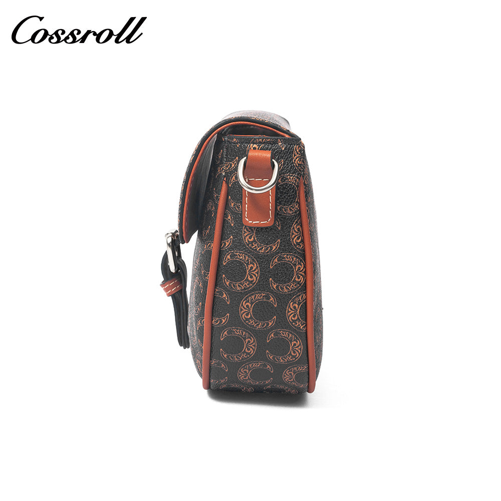 Vintage C Monogram Saddle Bag for Women, Contrast Brown Leather Buckle Flap Crossbody Shoulder Purse