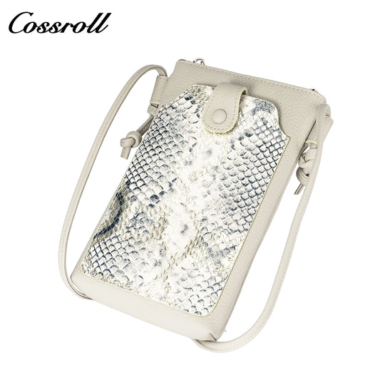 Cowhide python splicing crossbody bag small mobile phone bag women's 2024 new leather vertical bag cover leisure purse