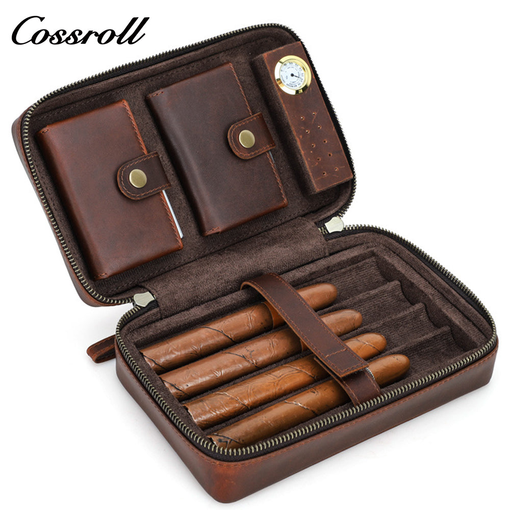 Crazy Horse Leather  4-piece humidor with hygrometer Outdoor Travel Cigar Accessory Set Moisturizing storage box