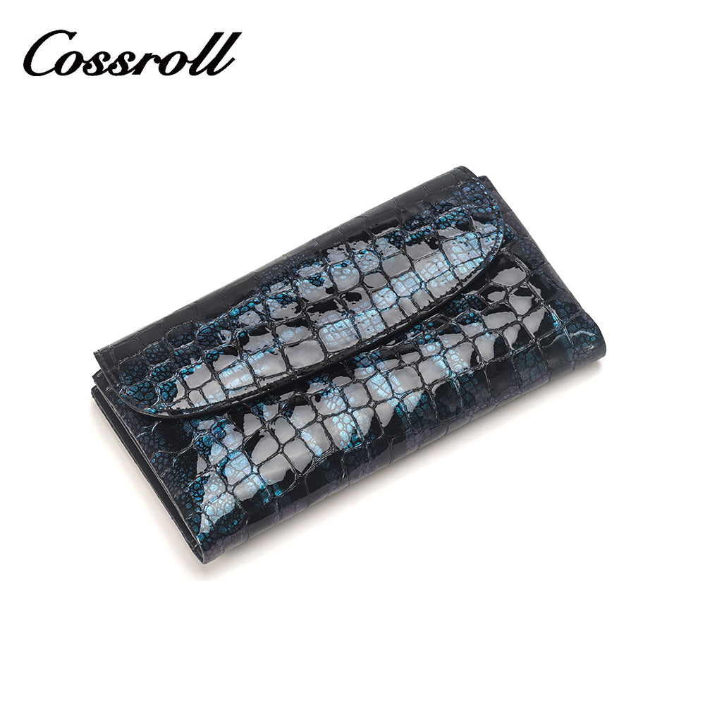 Printed leather long women's wallet with blue crocodile print