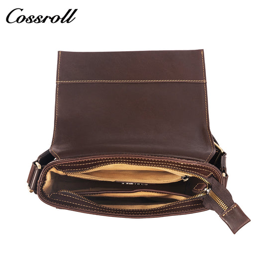 Vintage Cowhide Flap Shoulder Bag for Men, Genuine Leather Phone Crossbody Bag with Adjustable Strap for Work Commute