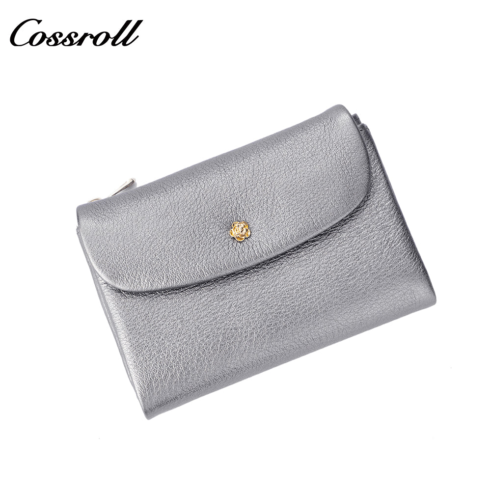Cossroll women's cross-border genuine leather wallet, with gold floral decoration, retro glossy large capacity