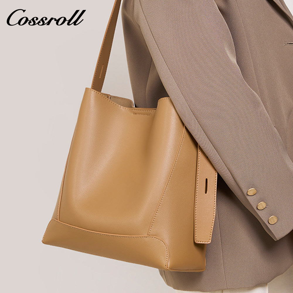 Head layer cowhide bucket bag shoulder bag simple fashion pure color commuter bag