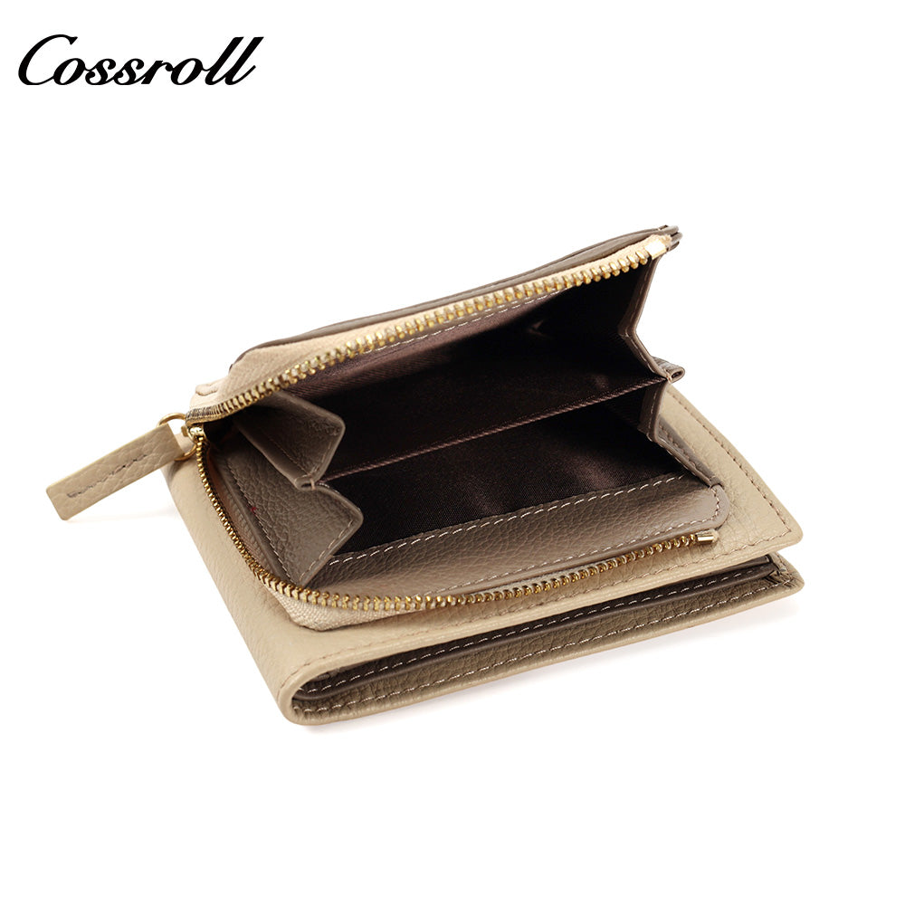 Women's Color Block Litchi Grain Cowhide Bifold Wallet, Minimalist Contrast Genuine Leather Card Holder, Small Bifold Purse with Zipper Coin Pocket
