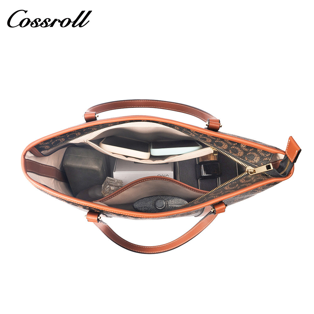 Women Vintage C Monogram Vertical Tote Bag, Large Capacity Zipper Shoulder Handbag for Laptop & Daily Commute