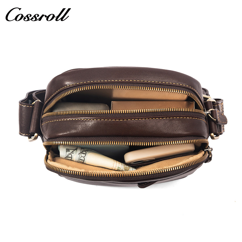 Men's Full Grain Leather Crossbody Bag, Multi-compartment Zipper Genuine Leather Shoulder Bag, Casual Everyday Carry Sling Bag