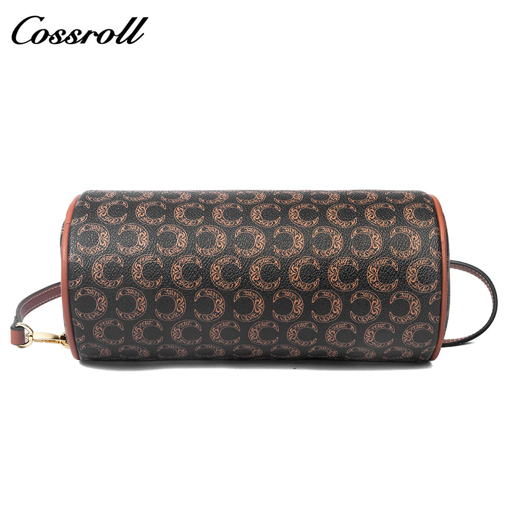 Women Vintage C Monogram Cylinder Bag, Genuine Leather Dual-use Shoulder & Crossbody Barrel Purse