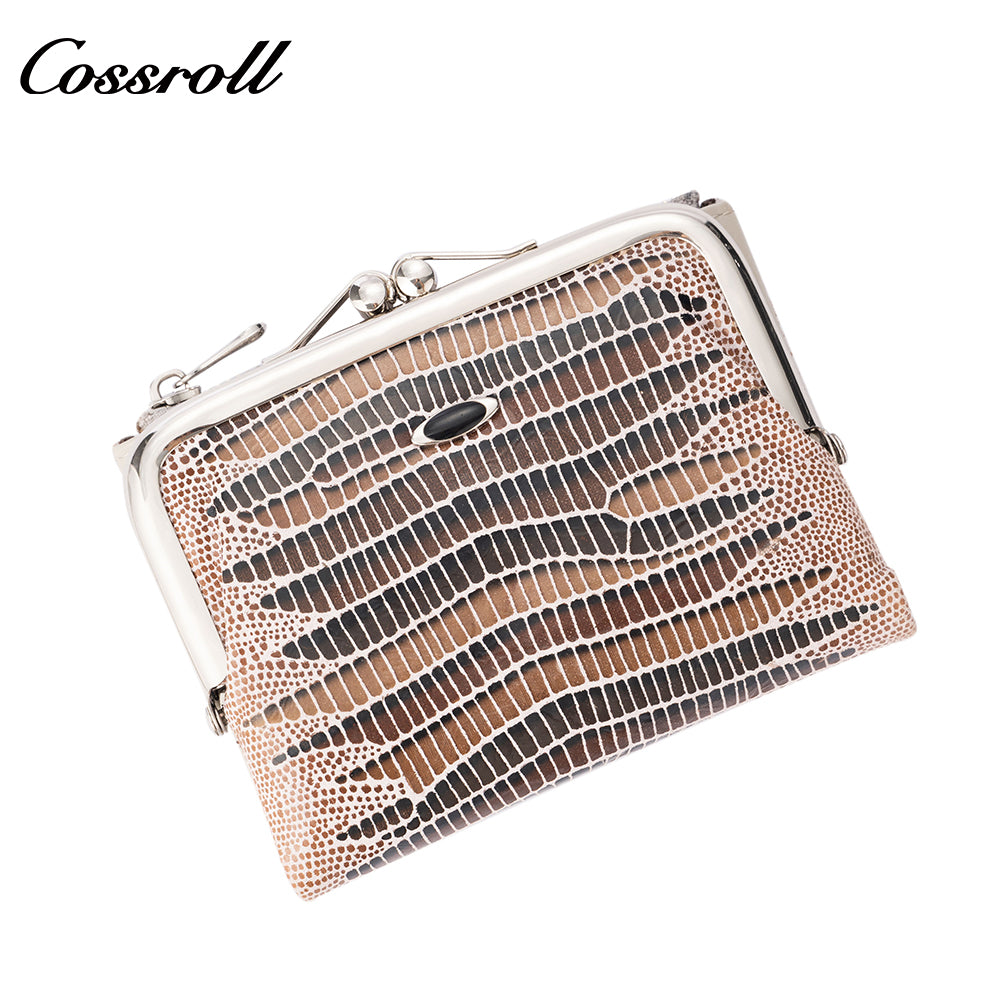 Women's short wallet, genuine leather, fashionable embossed design, clasp lizard texture coin purse