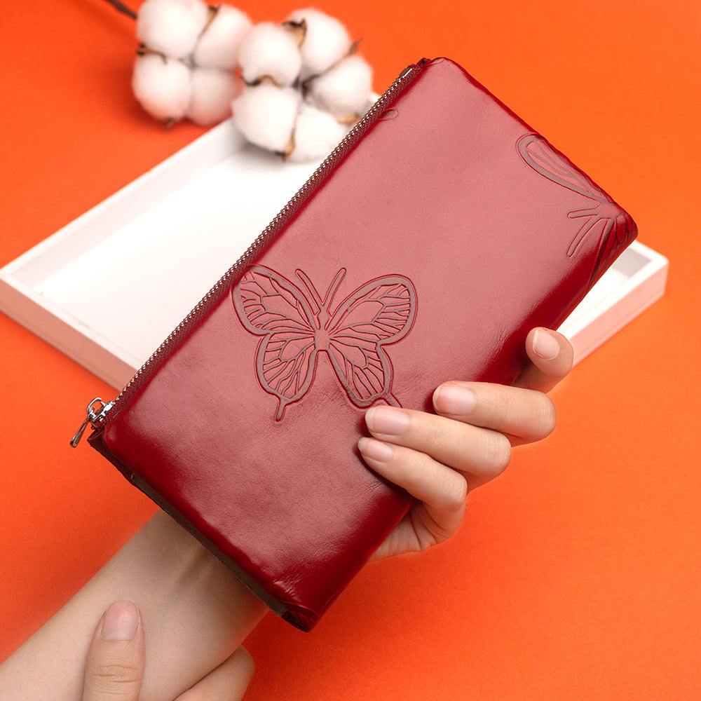 Butterfly print genuine leather long ladies clutch wallet