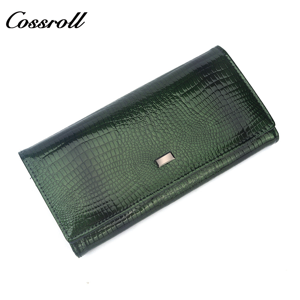 Europe and the United States crocodile leather patent leather wallet women's long money clip multi-card wallet manufacturers customized