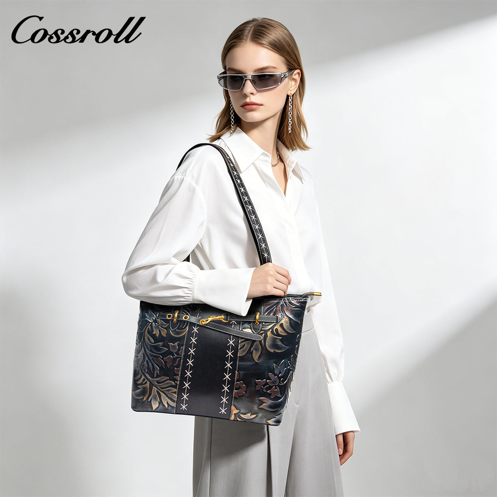 Vintage Embossed Leather Tote Shoulder Bag