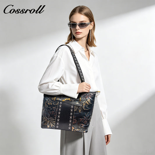 Vintage Embossed Leather Tote Shoulder Bag