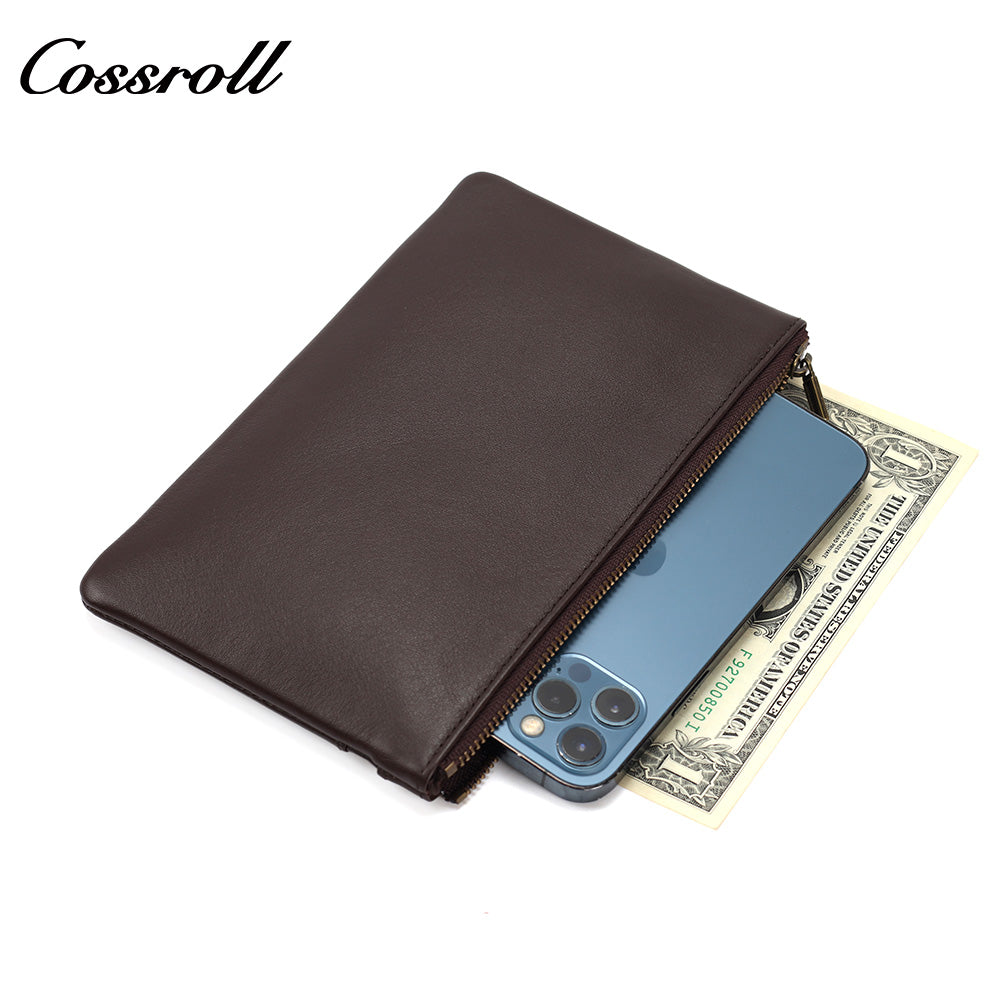Vintage Genuine Leather Double Zipper Clutch Bag, Large Capacity Long Pouch for Coins & Documents