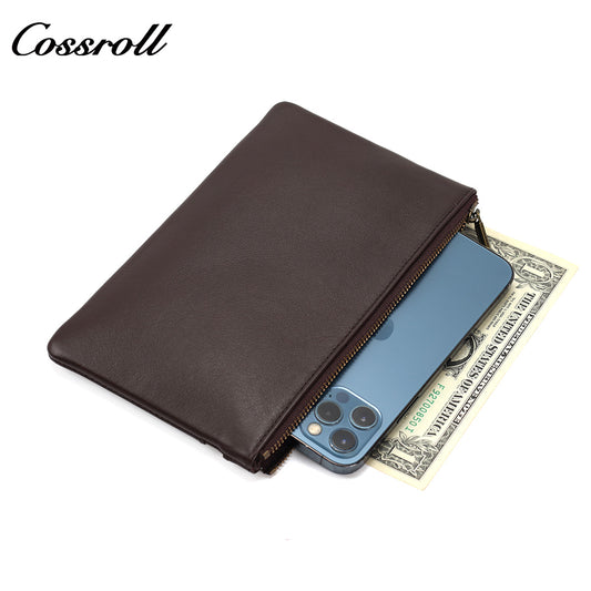Vintage Genuine Leather Double Zipper Clutch Bag, Large Capacity Long Pouch for Coins & Documents
