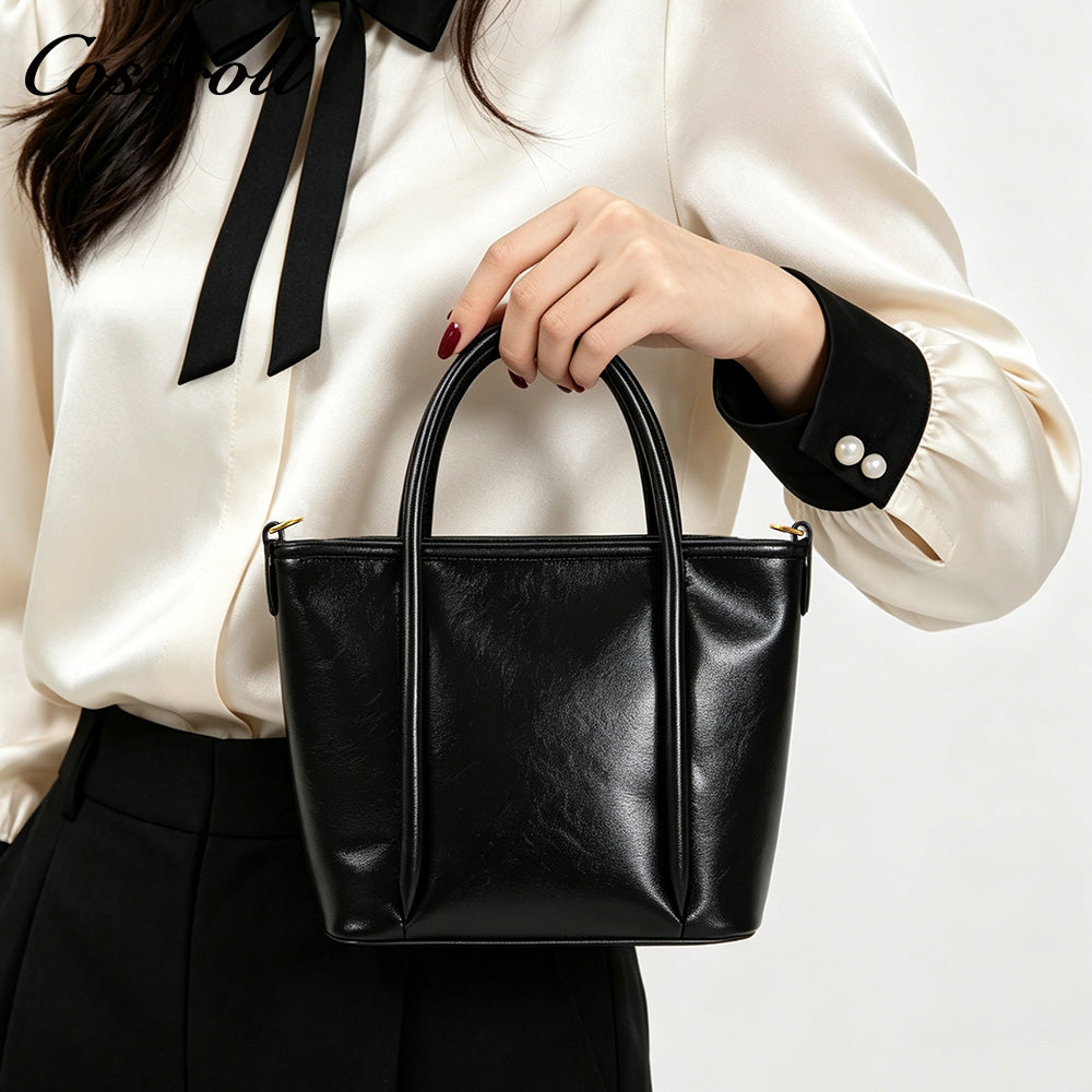 Women's Waxed Cowhide Large Capacity Tote Bag, Vintage Commuter Handbag, Shoulder & Crossbody Bag with Detachable Strap