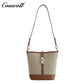 Cowhide canvas splicing bucket bag female 2024 summer single shoulder oblique cross bag leisure all-in-one underarm bag Korean version of the tide